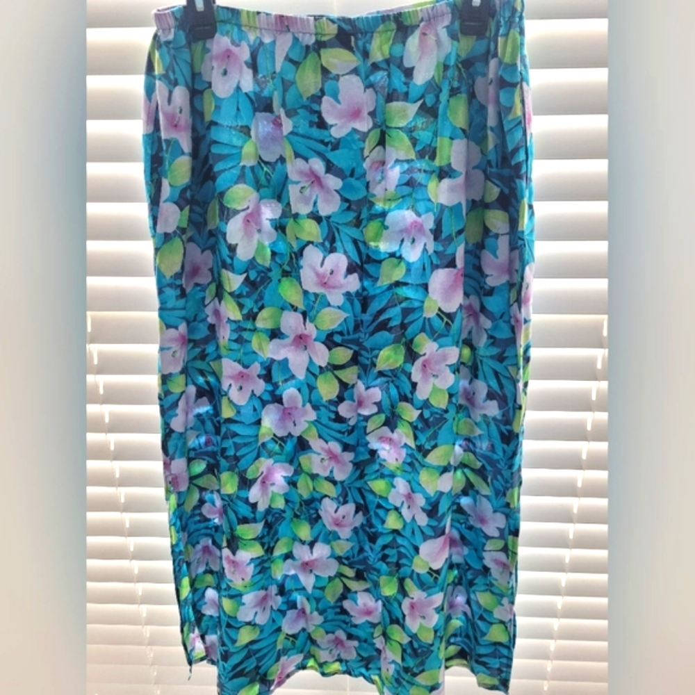 Vintage Amanda Smith 100% silk draw string tropical floral long skirt side slits
